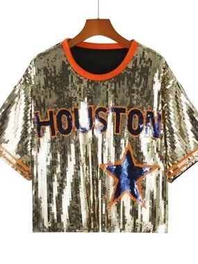 Sequined 'Houston Astros' Star Cropped Jersey in Gold, Blue & Orange